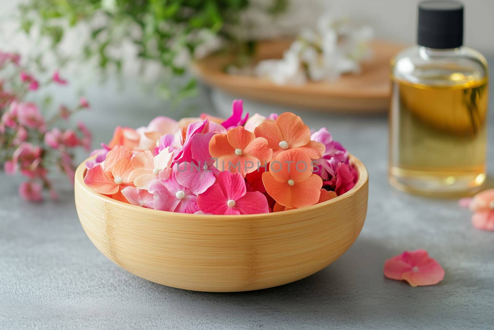 Wellness, aromatherapy beauty session, spa, glass bottle, aroma essential oil, flower petals, wooden bamboo bowl. Spring fresh smell.