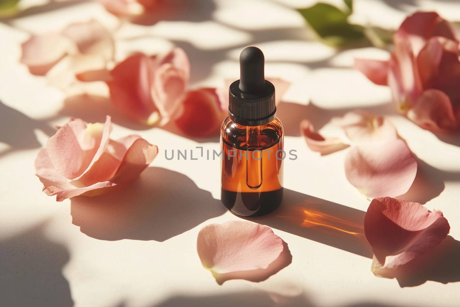 Wellness, aromatherapy beauty session, spa, glass bottle, aroma essential oil, flower petals. Spring fresh smell.