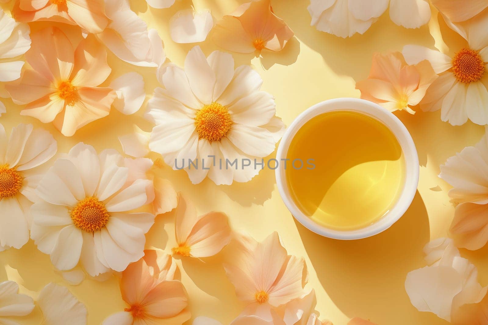 Wellness, aromatherapy beauty session, spa, glass bottle, aroma essential oil, flower petals, bowl. Spring fresh smell.