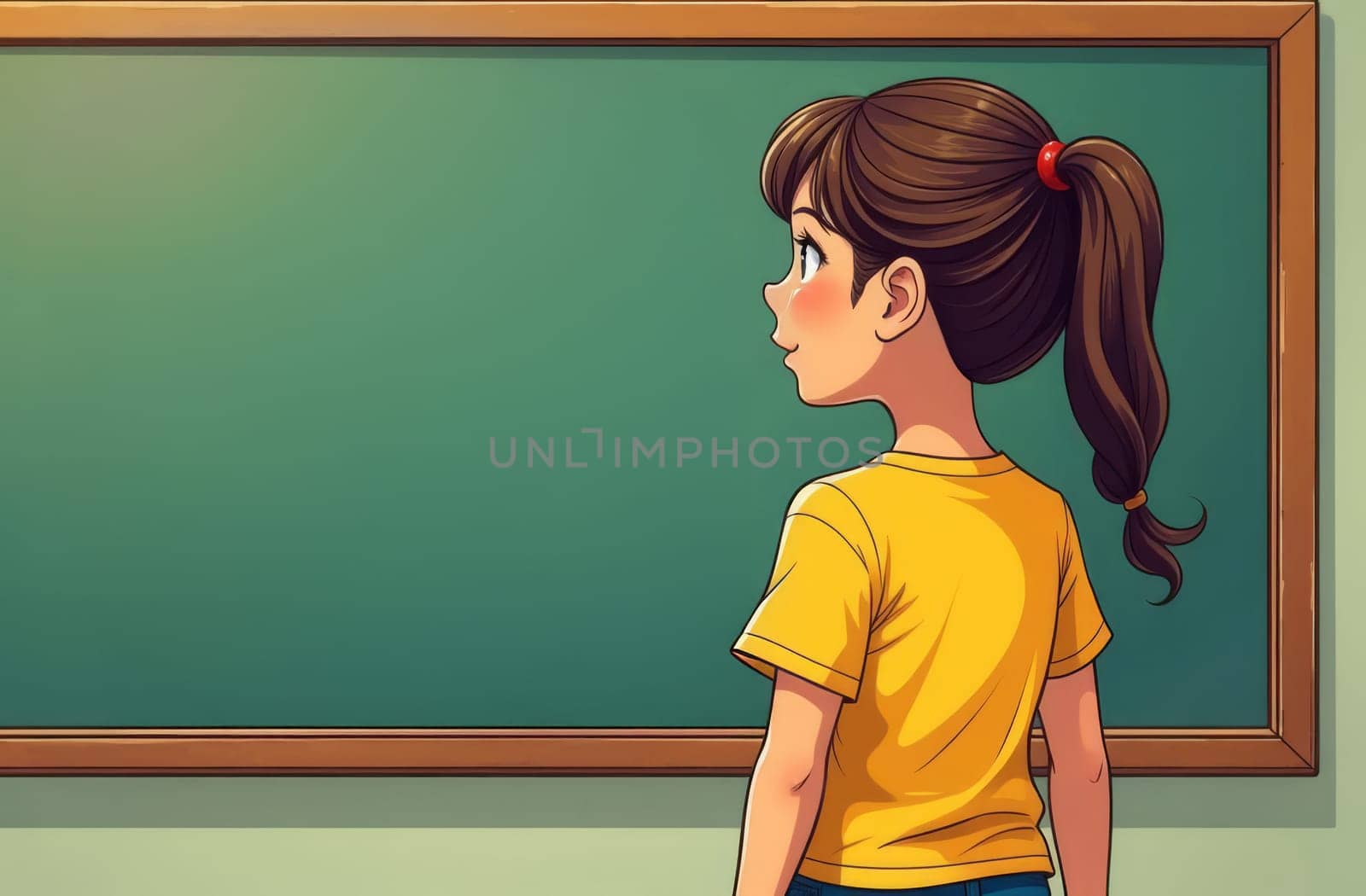 A girl at school stands near the green blackboard Back to school