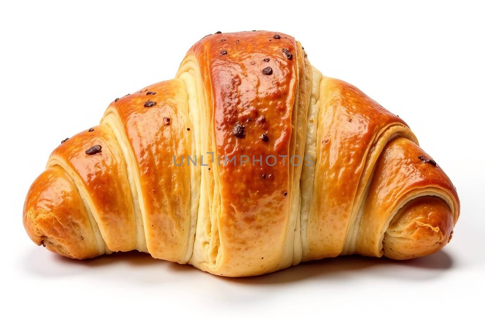 Appetizing golden croissant close-up on a white background. Pastries for morning breakfast or snack.