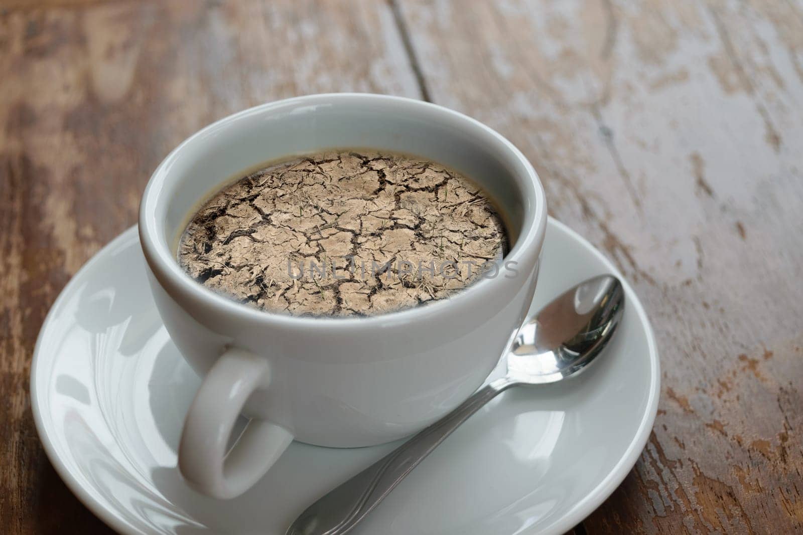 Dry cracked land soil in summer no rain reflection on coffee , process in vintage style