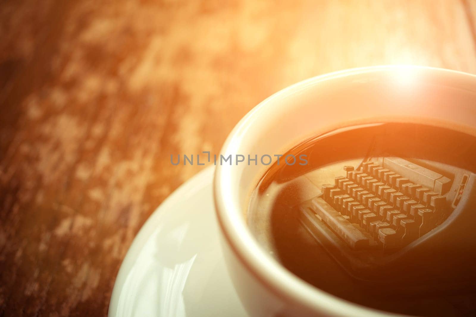 Typewriter reflection on Coffee in white cup on wood table , process in vintage style