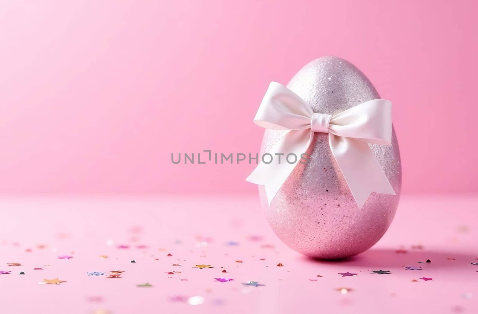 Shiny pink Easter egg with a white bow on a pastel pink background. The atmosphere of Easter and spring mood.