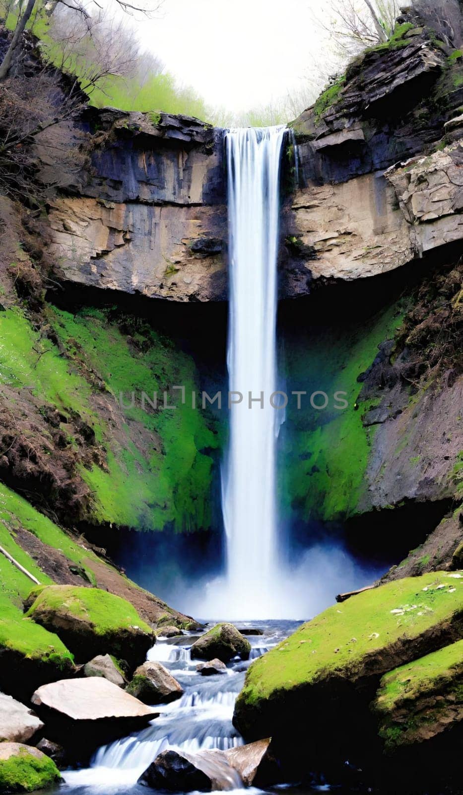 waterfall water stream river forest nature spring generated ai alt art. High quality illustration stones
