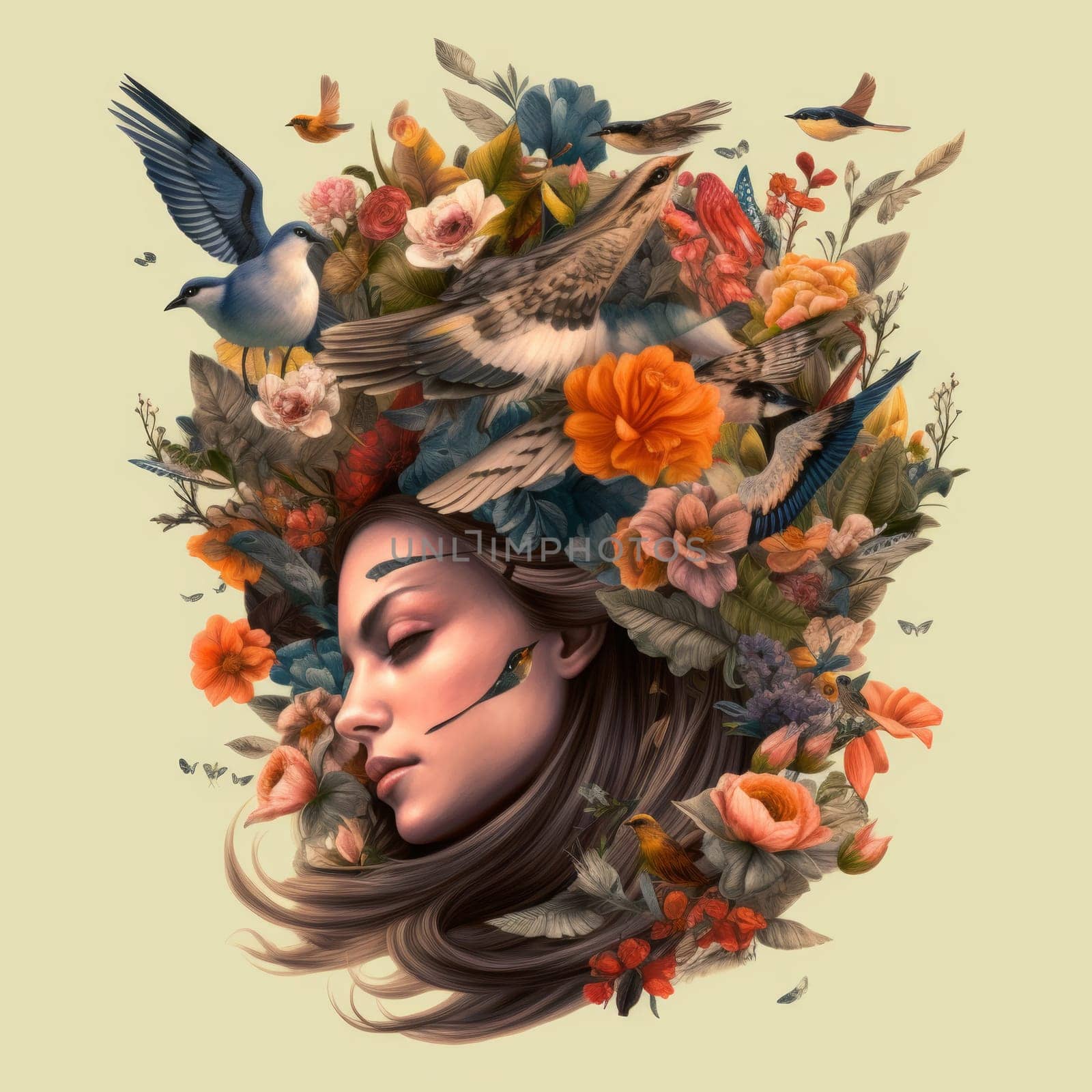 The woman's head is surrounded by flowers. Flowers grow from the girl's head. High quality photo