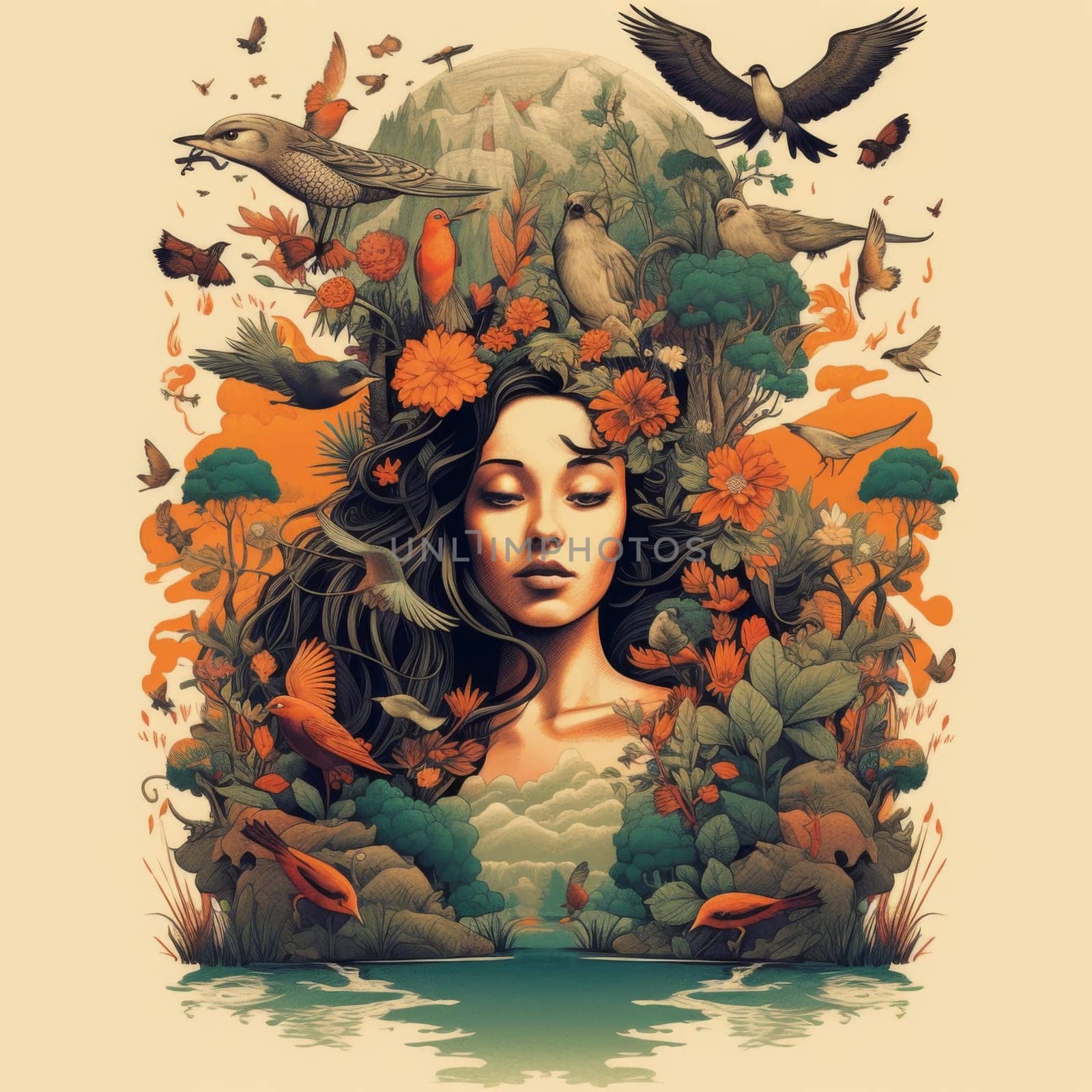 The woman's head is surrounded by flowers. Flowers grow from the girl's head. High quality photo