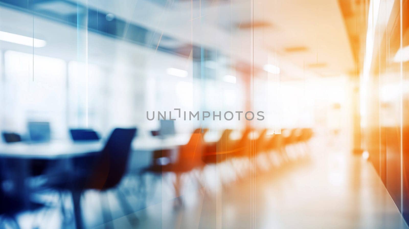 Bright natural light fills a contemporary office space, creating a warm atmosphere with several conference tables and chairs arranged in a stylish layout - Generative AI