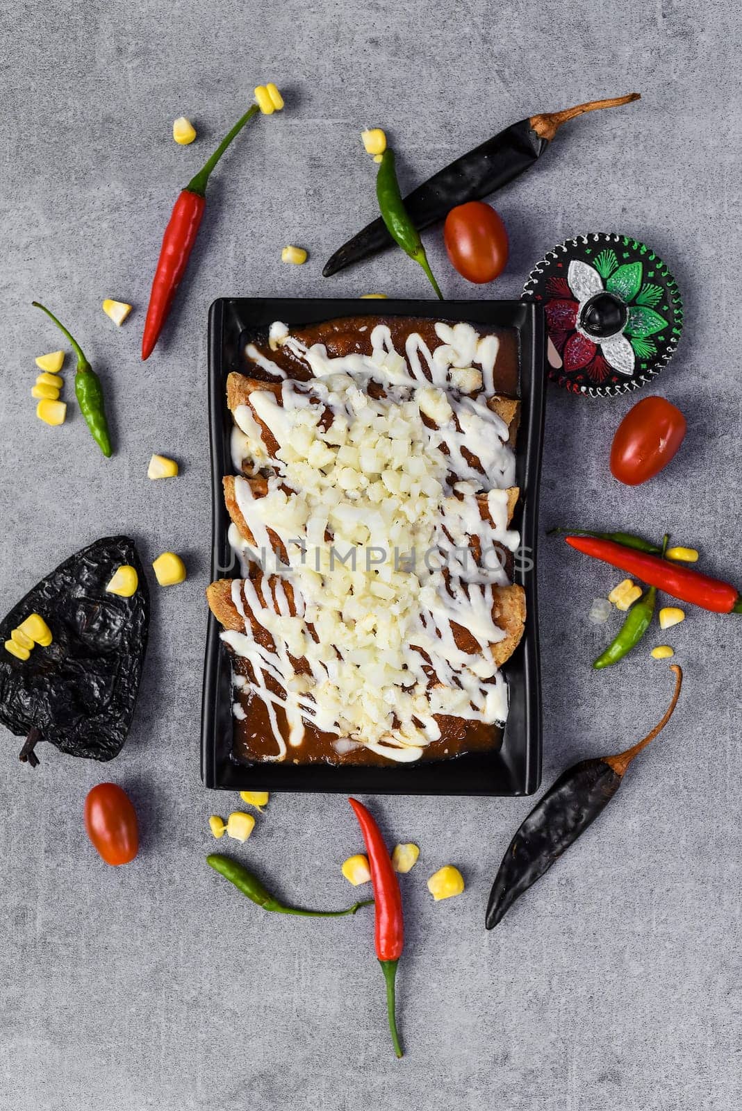 Chilaquiles with chicken and sour cream and sauce with many vegetables on a gray background