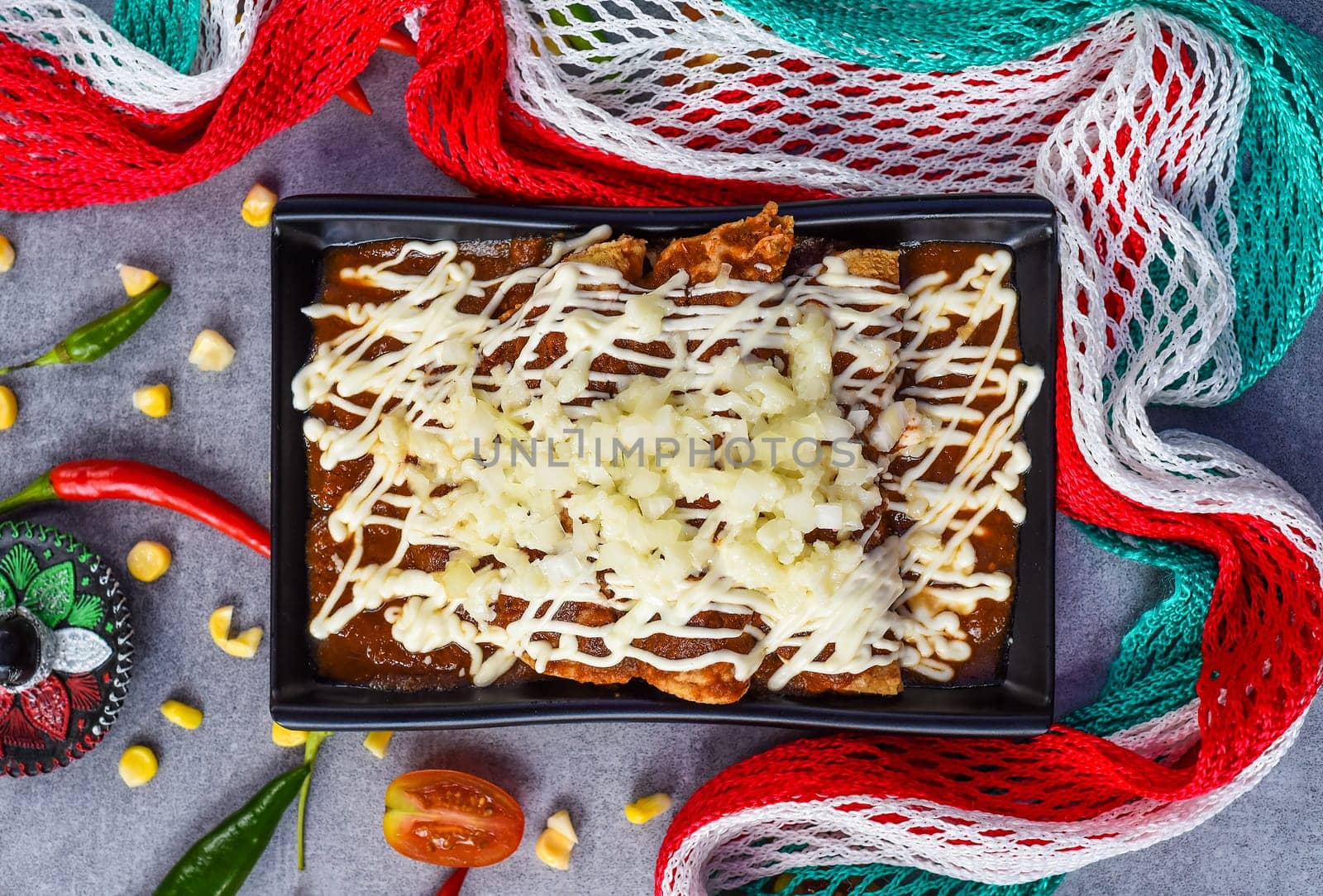 Chilaquiles with chicken and sour cream and sauce with many vegetables on a gray background