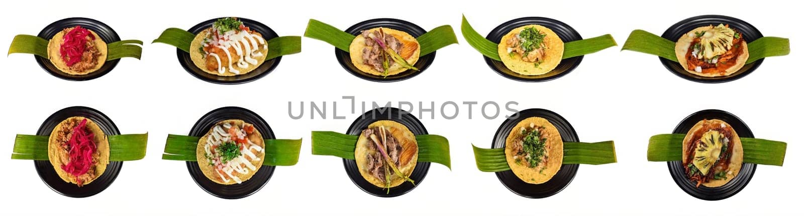 Set or collage of many latin american and different mexican tacos on white background