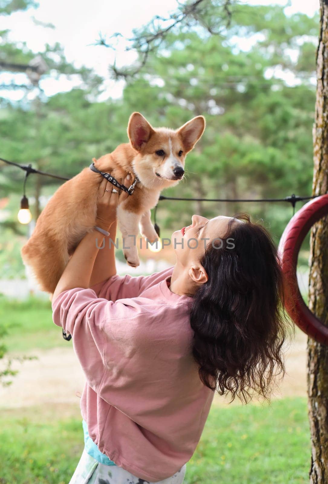 Young woman hugging her corgi dog in the forest