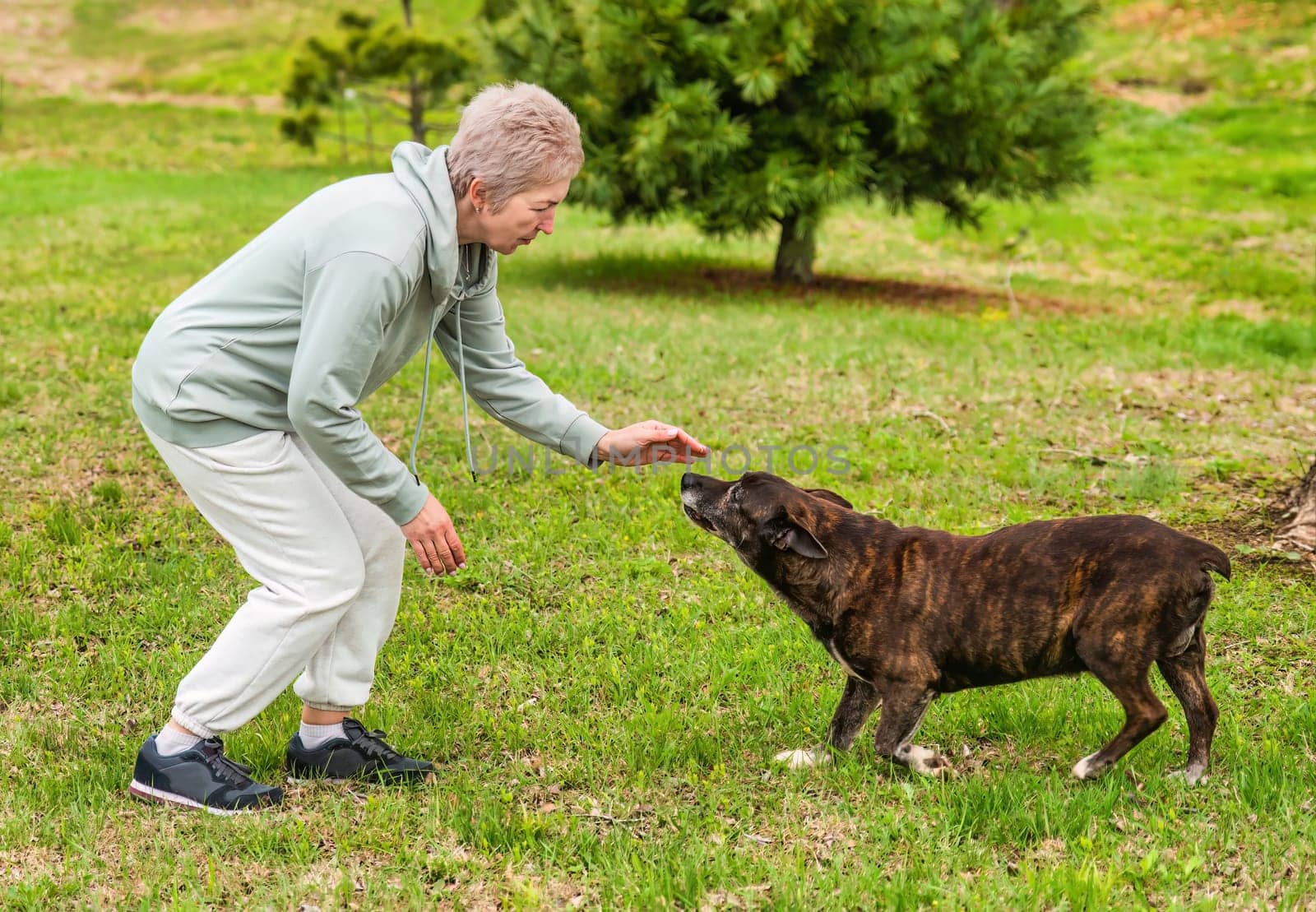 Mature woman playing with her dog outdoors