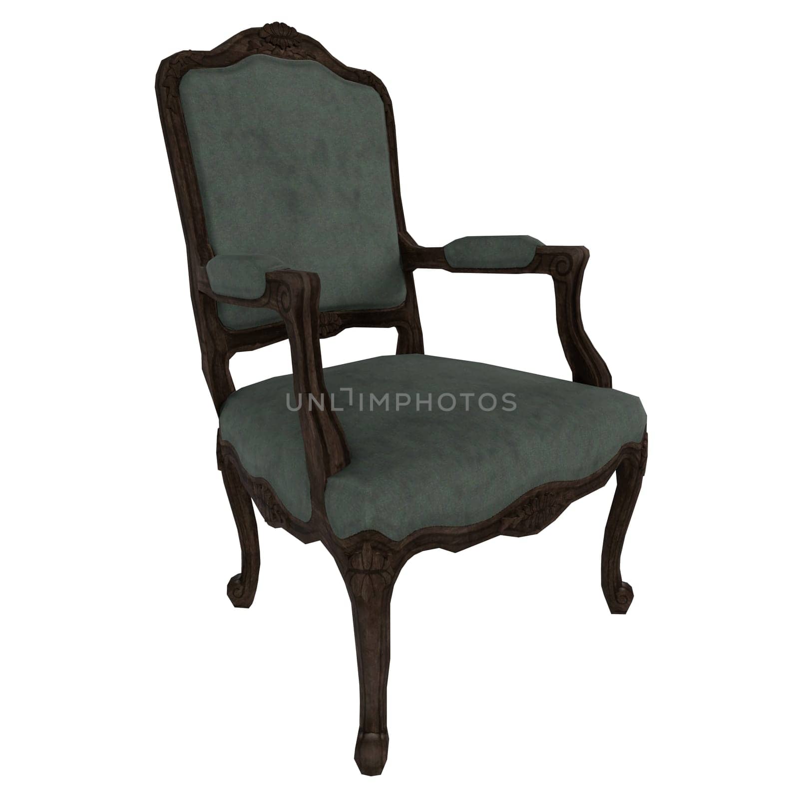 A vintage armchair features dark wood framing and soft green upholstery, perfect for a classic decor.