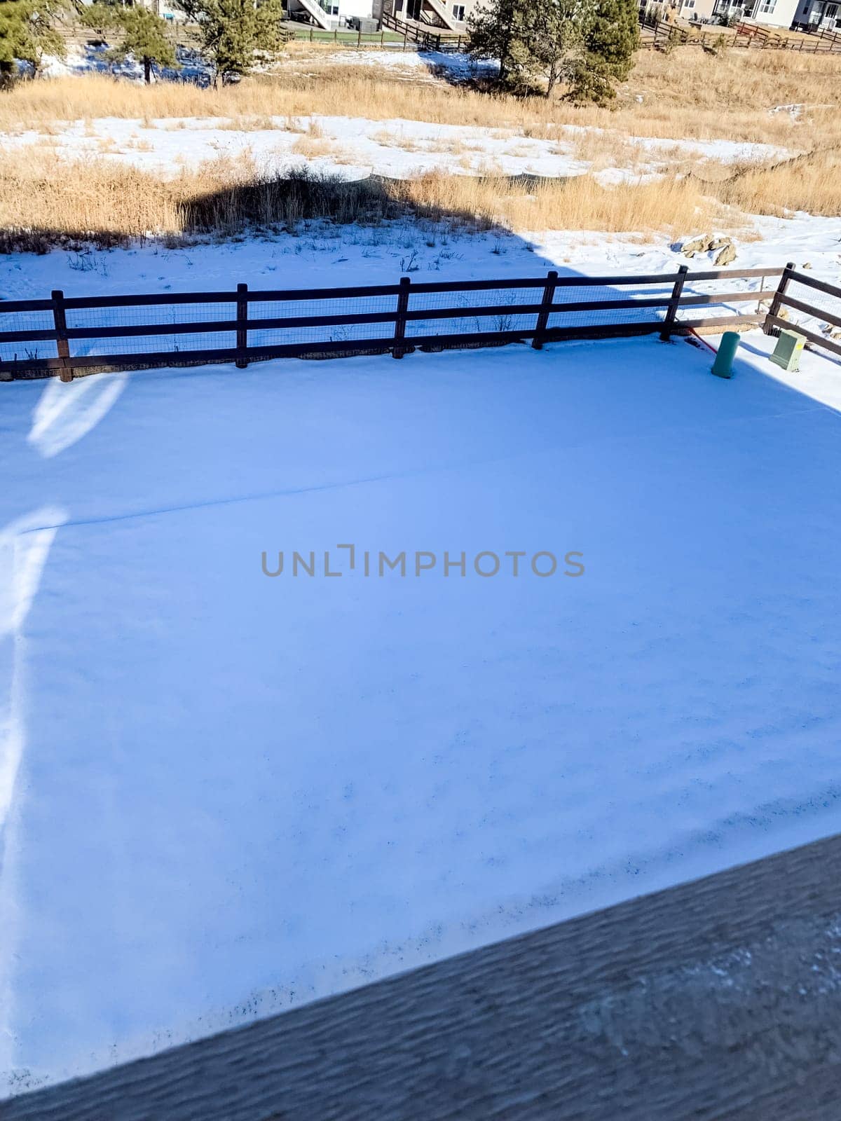 A serene backyard is blanketed in a fresh layer of snow on a bright sunny morning A wooden fence separates the yard from an open field with dried grass and scattered trees Shadows cast by the fence create a contrast against the untouched white snow The clear blue sky enhances the winter landscape