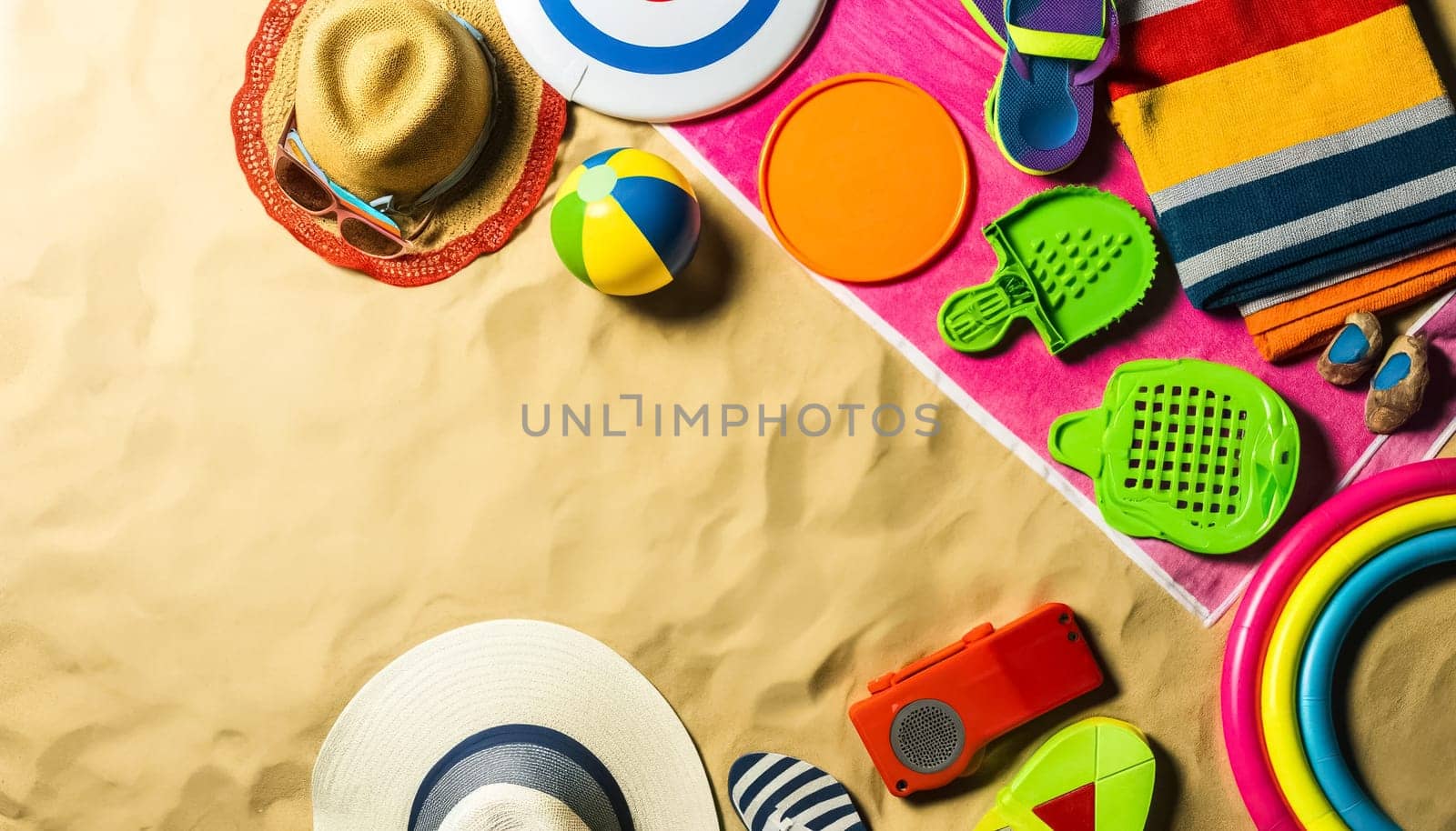 This image features a joyful flat lay arrangement of summer beach toys and essentials such as a frisbee, paddleball set, sun hat, and flip-flops on a sandy background, reflecting the playful spirit of a beach day.
