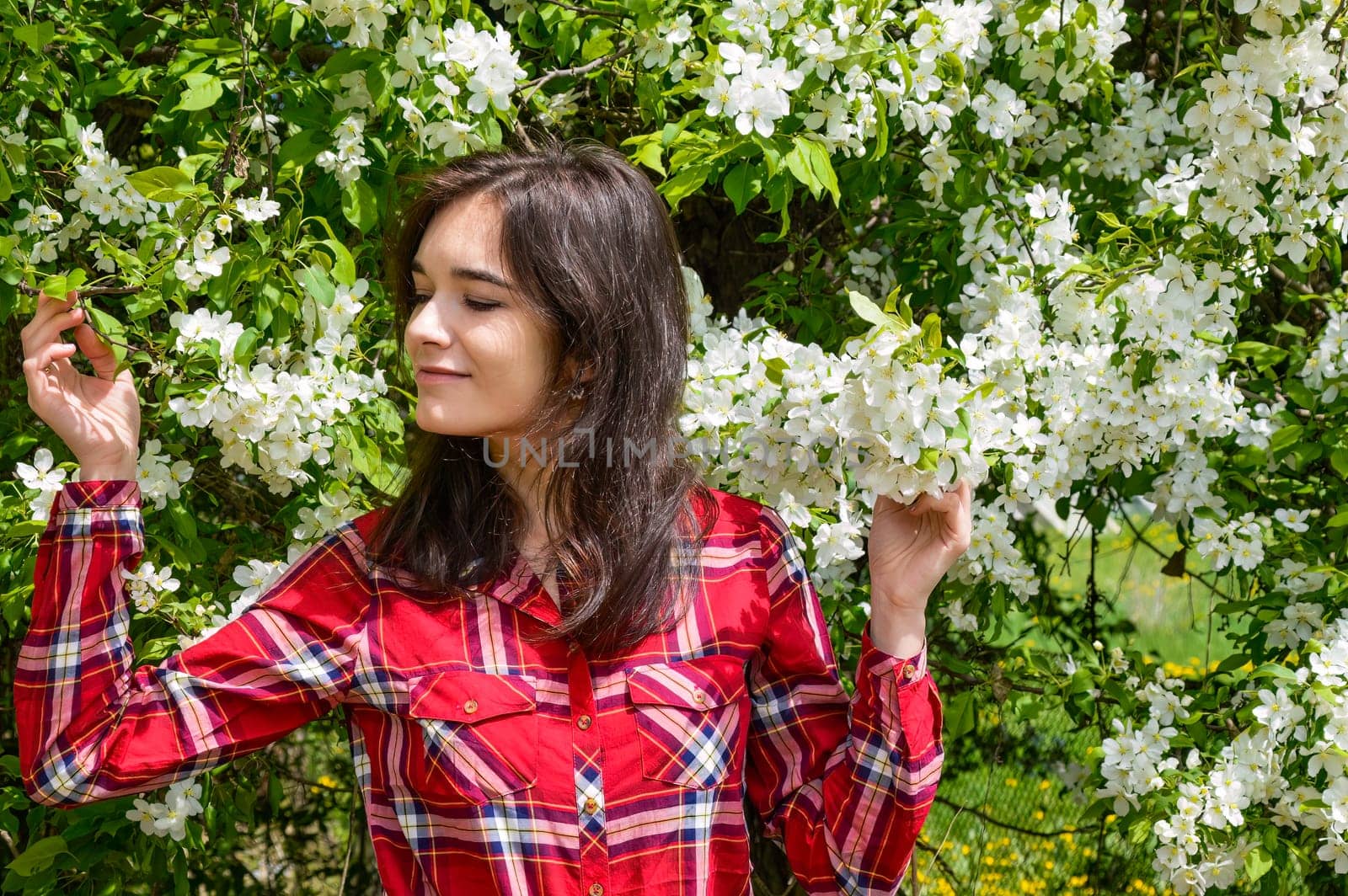 Portrait of Russian brunette smiling woman with long hair, touching and smelling flowering branches of tree. looking away