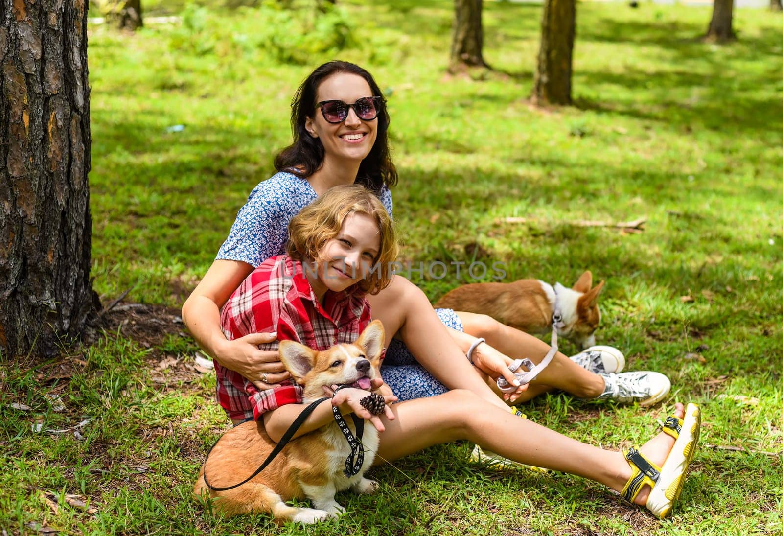 Mother hugging her little daughter resting on her sholder with closed eyes, with two corgi dogs against of green grass in the forest