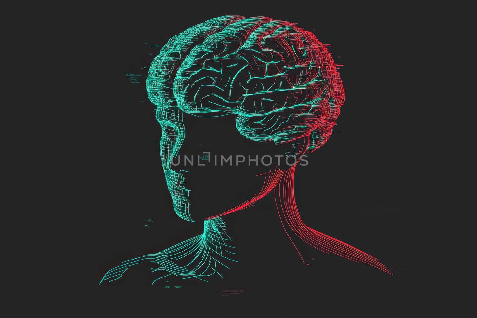 This abstract illustration features a stylized human brain in neon colors, showcasing intricate neural lines and a futuristic design, perfect for technology and science themes.