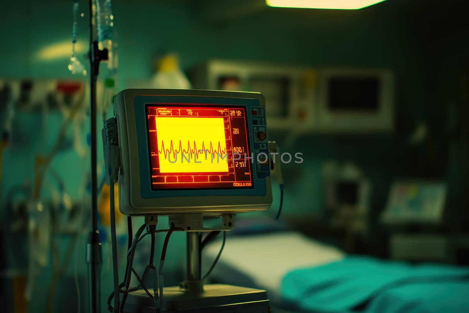 A vital signs monitor displaying an ECG waveform in a hospital room, emphasizing the importance of health monitoring for patient care.