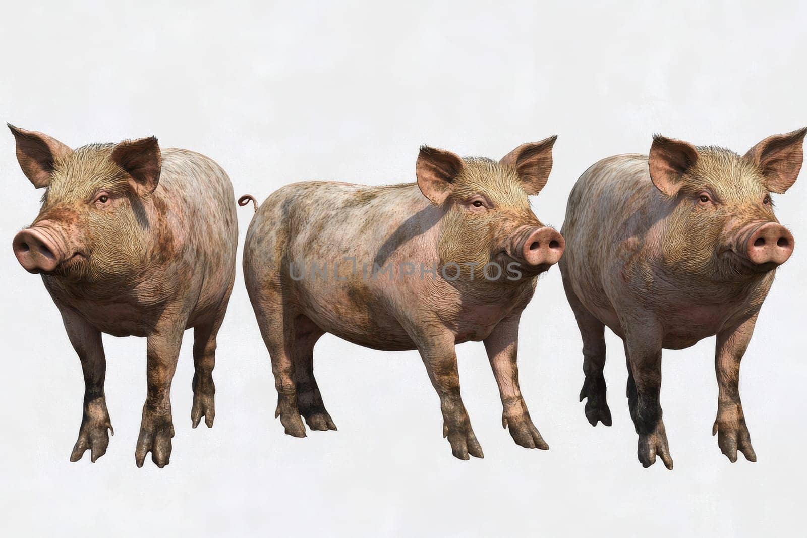 tree dirty pigs on isolated white background..