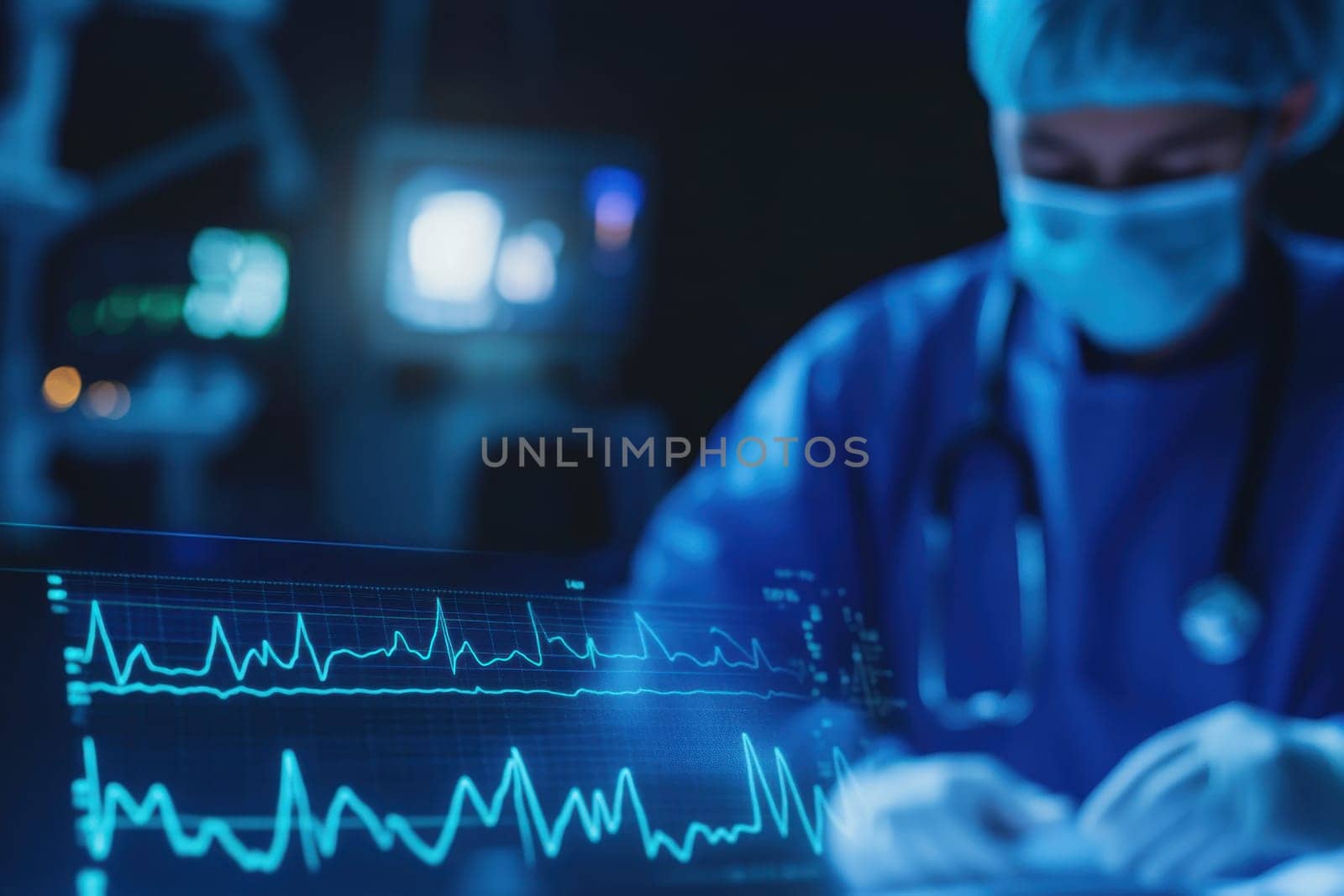 A dedicated medical professional focuses on monitoring a patient's heartbeat displayed on a high-tech screen in a modern hospital environment, showcasing advanced healthcare technology.