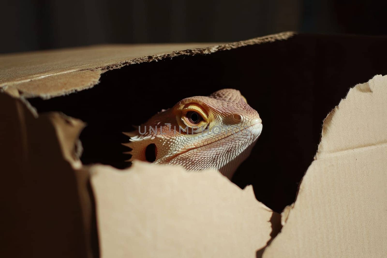 A bearded dragon peeks out of a cardboard box, showcasing its vibrant colors and intense expression. The warm light enhances the textures of the reptile's skin, creating an intriguing and adorable moment.