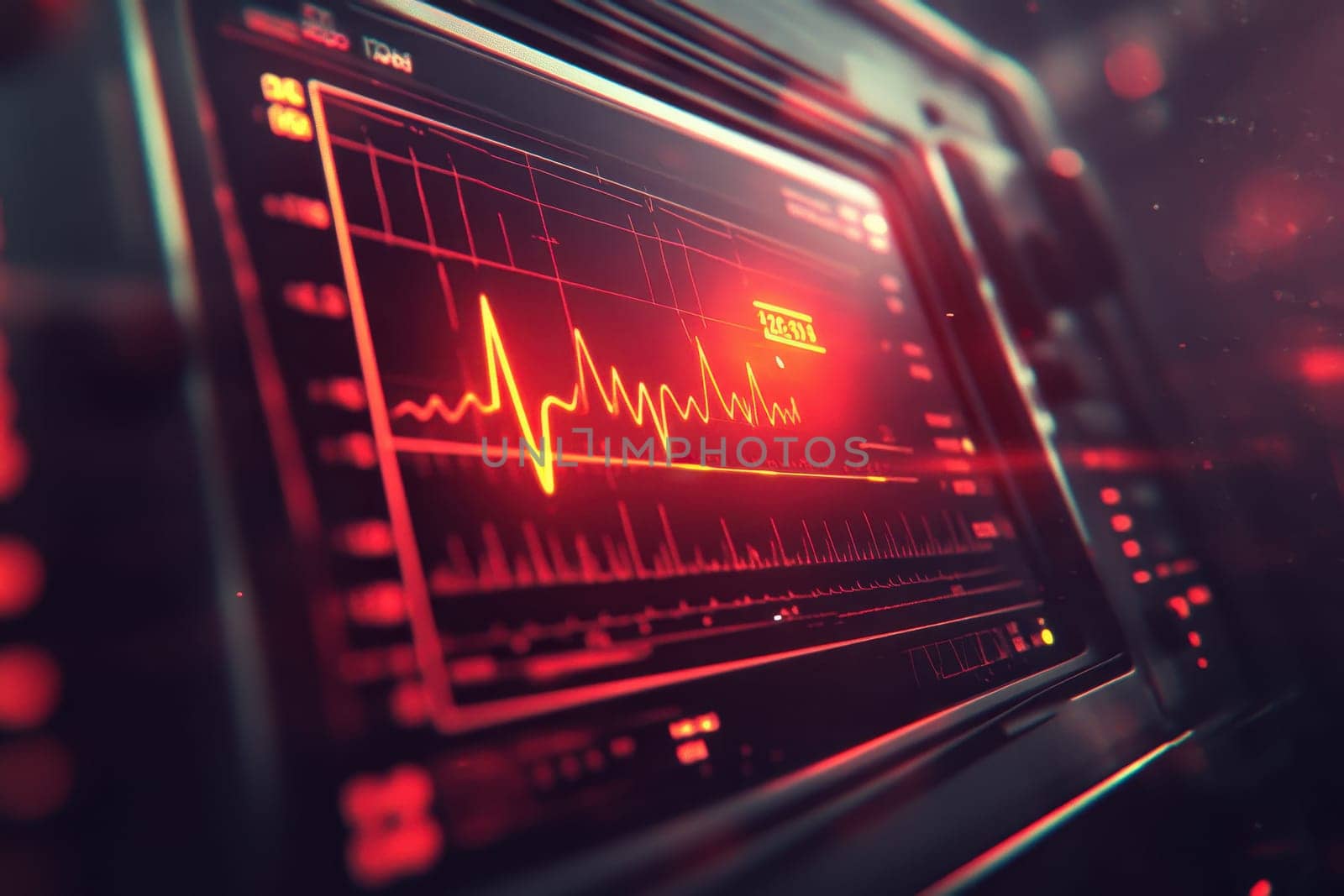 A close-up view of a heartbeat signal displayed on a medical monitor, showcasing vibrant red highlights against a dark background, symbolizing technology in healthcare.