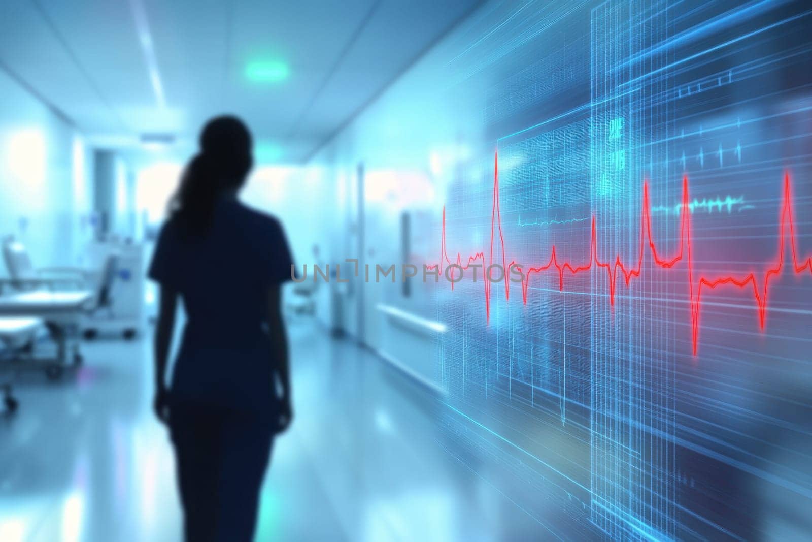 A healthcare professional walks through a modern hospital corridor, with a heartbeat visualization glowing on the wall, symbolizing patient monitoring and care.