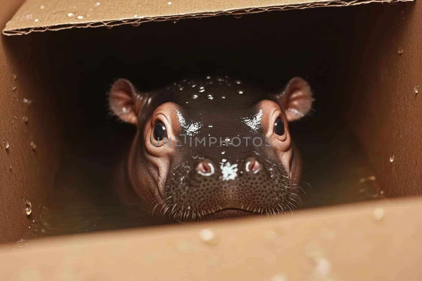 A charming baby hippo peeks out from a cardboard box filled with water, surrounded by tiny bubbles, creating a playful and endearing scene.