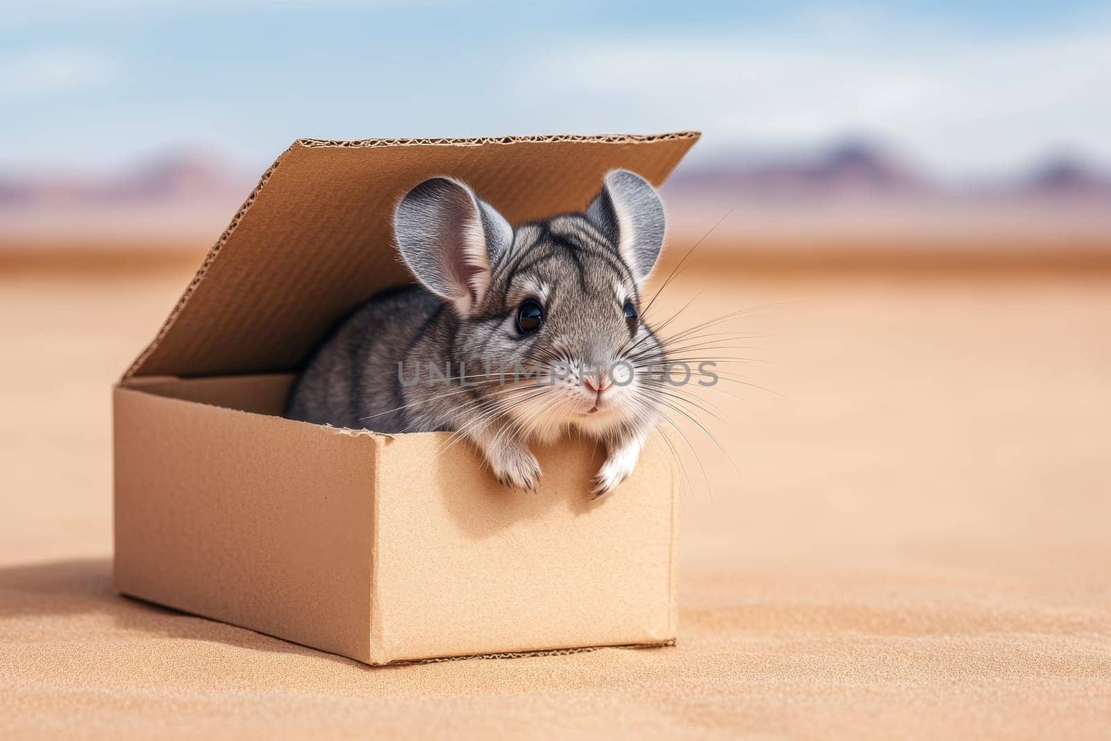A charming chinchilla relaxes in a small cardboard box against a serene desert landscape, capturing the beauty and playful spirit of this small pet.