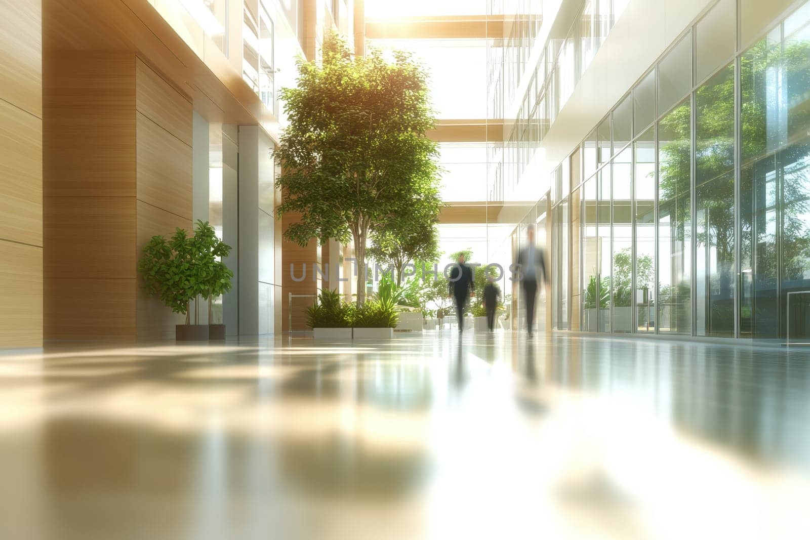 This image showcases a bright modern office interior featuring large windows, lush greenery, and a serene atmosphere, perfect for promoting a productive workspace.