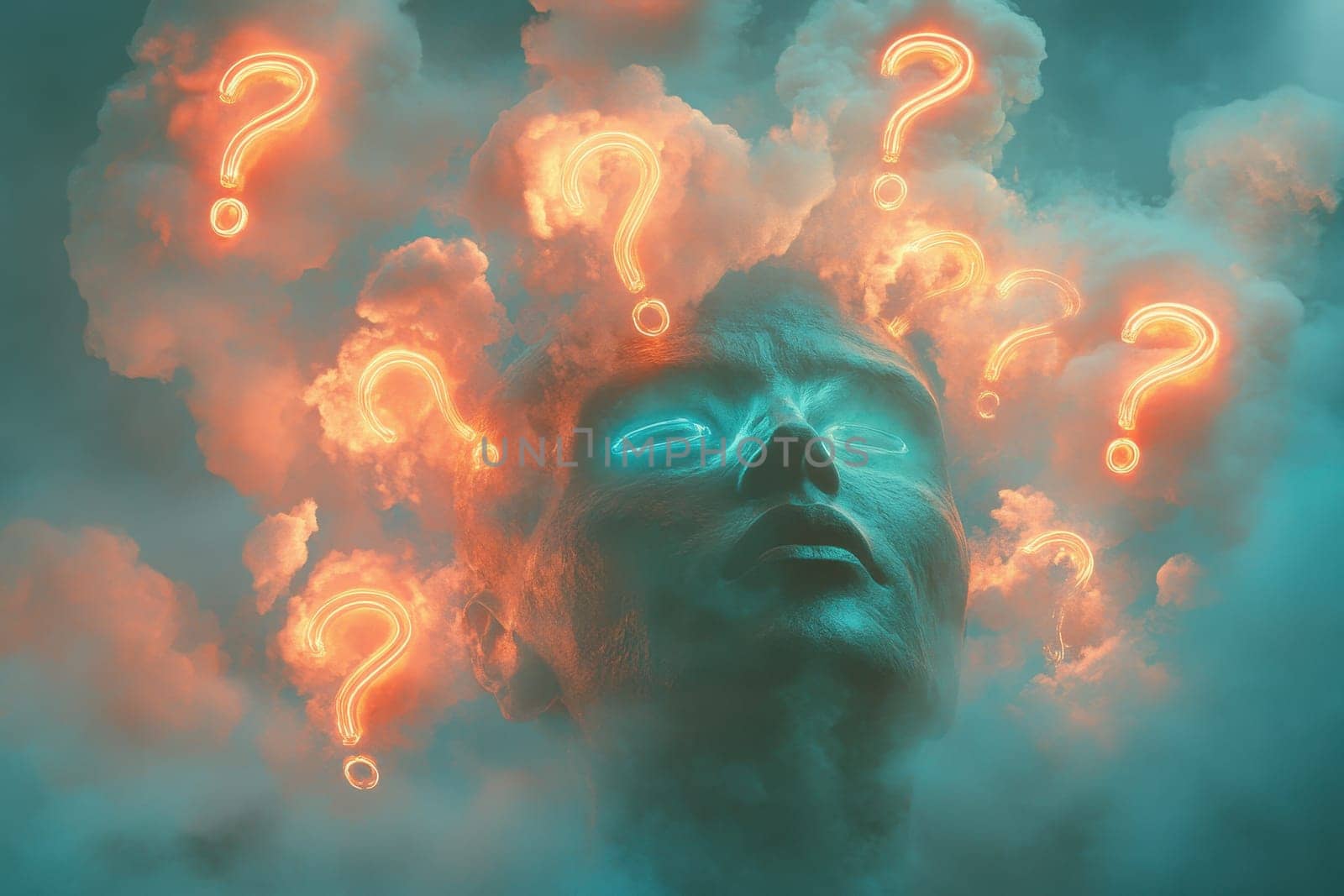 A surreal representation of a human face surrounded by luminous question marks in a dreamy cloud, evoking contemplation and curiosity.