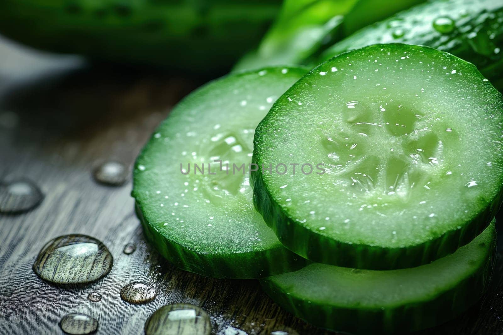 This close-up image showcases freshly sliced cucumber arranged on a wooden surface, highlighting water droplets for a refreshing and healthy diet.