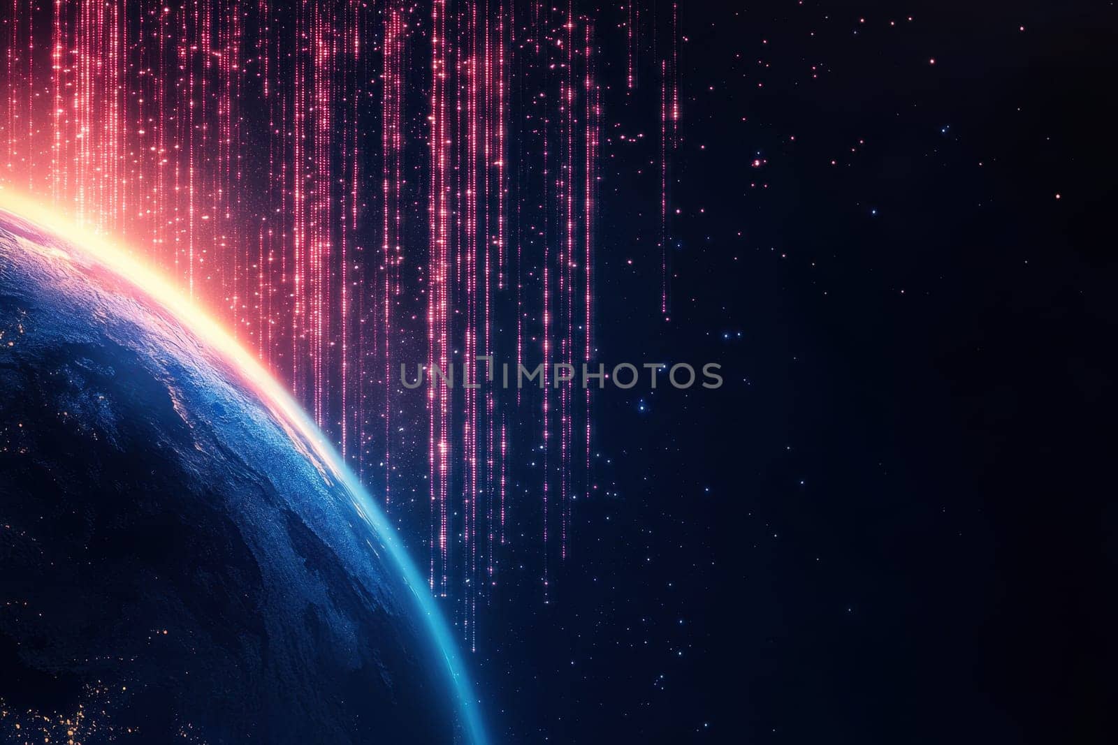 A mesmerizing cosmic landscape showcases Earth beneath radiant particles, blending vibrant colors and glowing light in a captivating deep space backdrop.