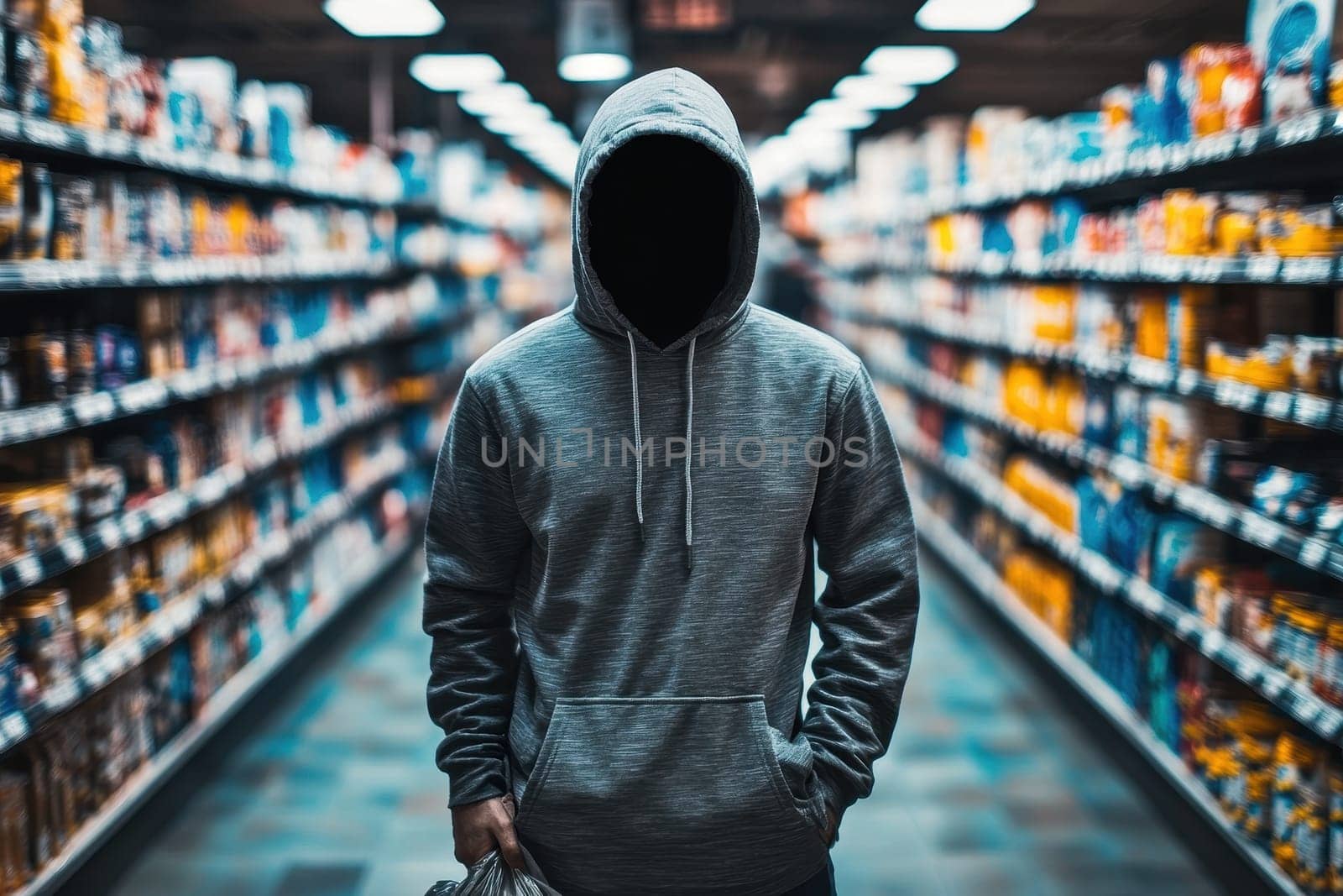 A mysterious figure in a gray hoodie stands in a grocery aisle filled with colorful products. The dark silhouette evokes feelings of mystery and intrigue.