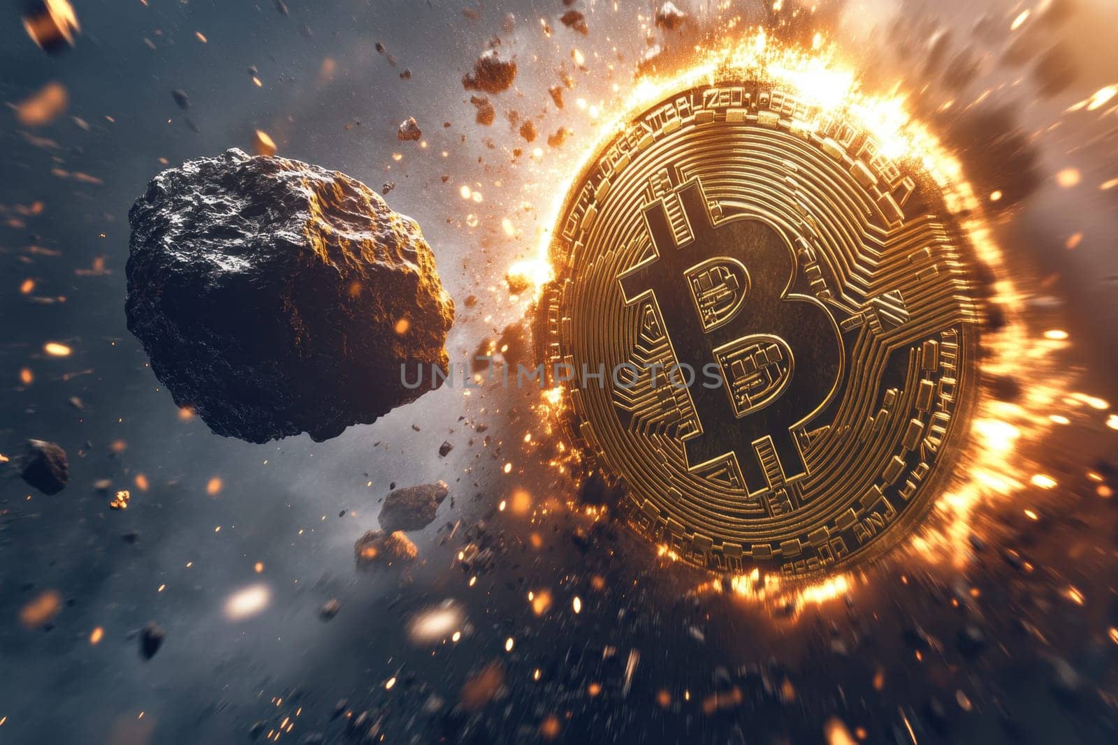Visualize the power of cryptocurrency with this dynamic Bitcoin image, featuring explosive energy and a meteorite impact in a futuristic setting.