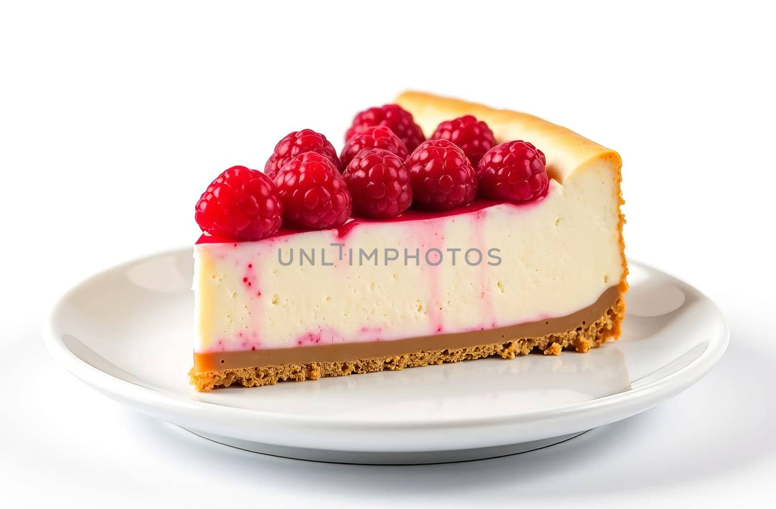 Bright raspberry cheesecake on a white plate on a white background. AI generated.