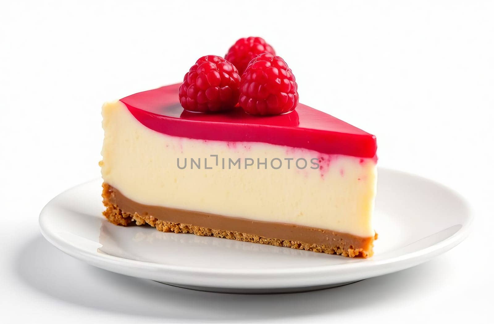 Bright raspberry cheesecake on a white plate on a white background. AI generated.