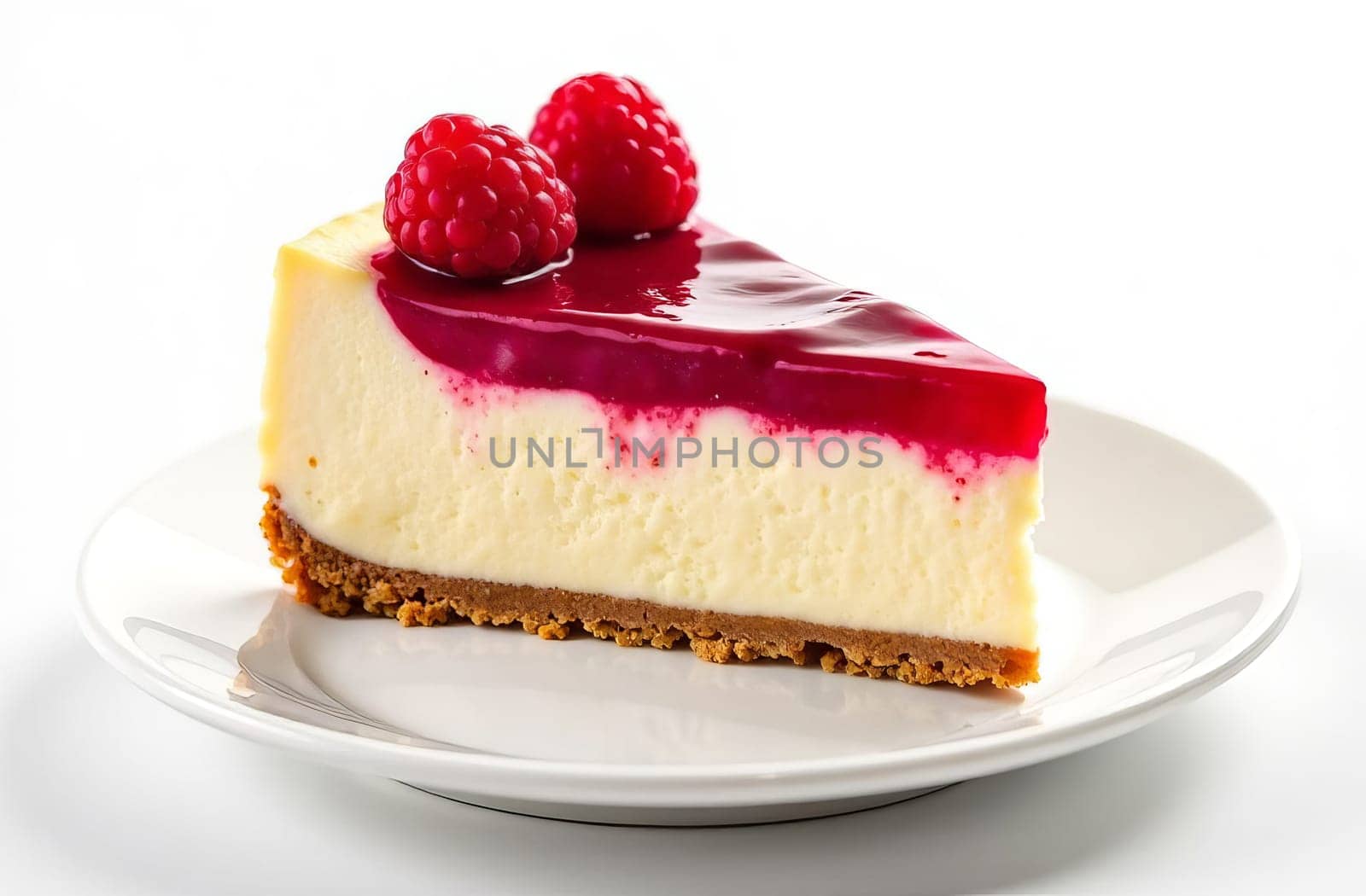 Bright raspberry cheesecake on a white plate on a white background. AI generated.