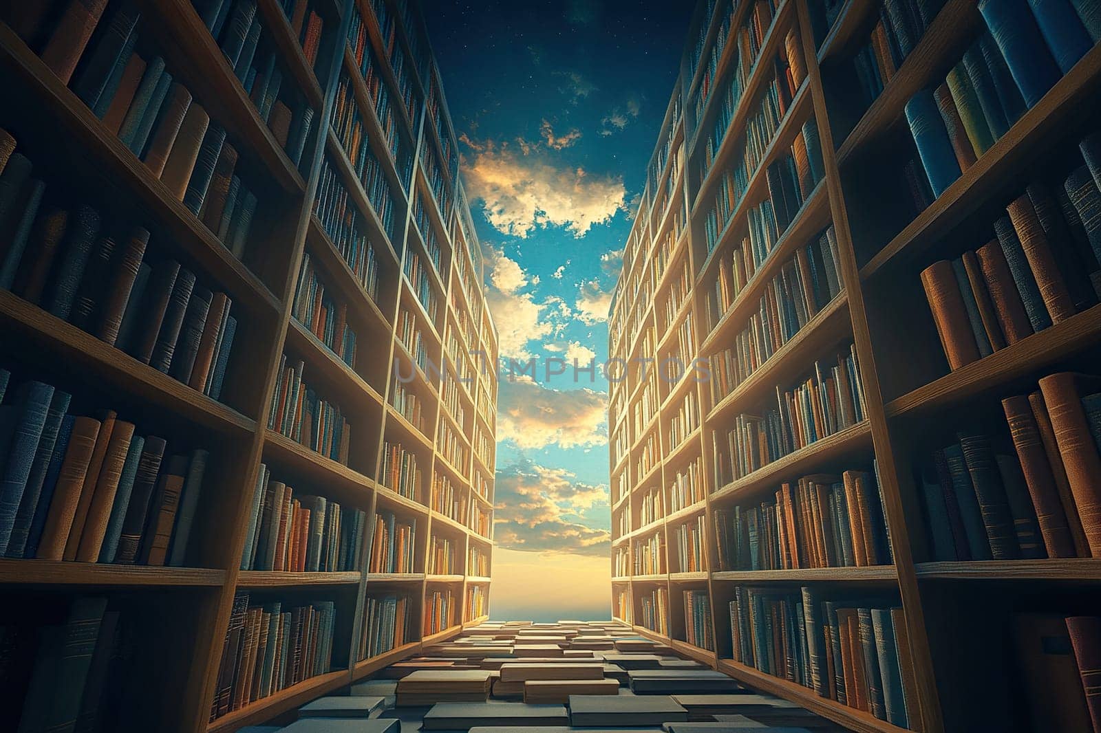 Library in the sky. The road to heaven is surrounded by tall shelves full of books.