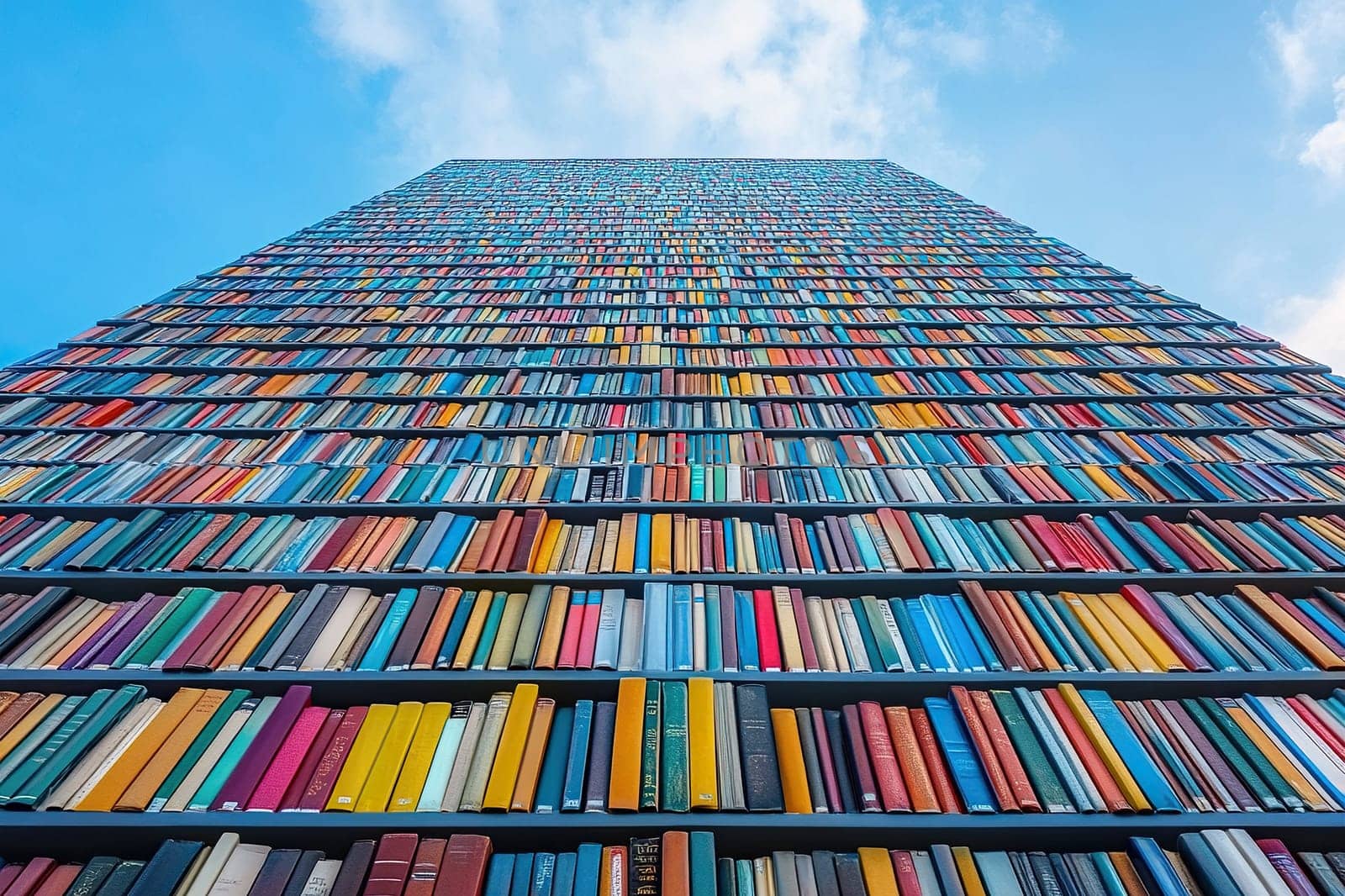 A wall of books goes high into the blue sky. Education concept.