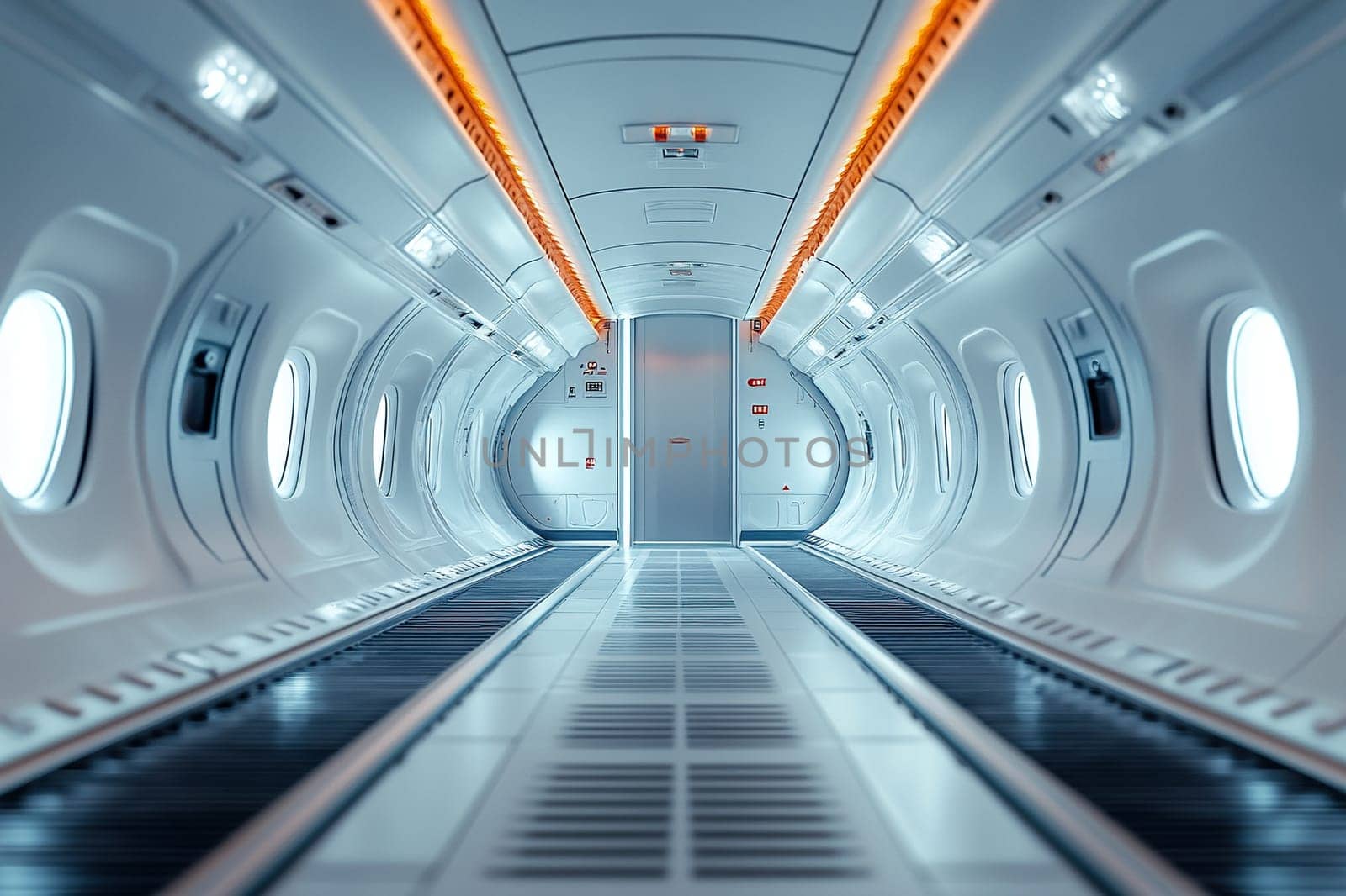 Space station concept. Interior inside the space station. Corridor, portholes and door.