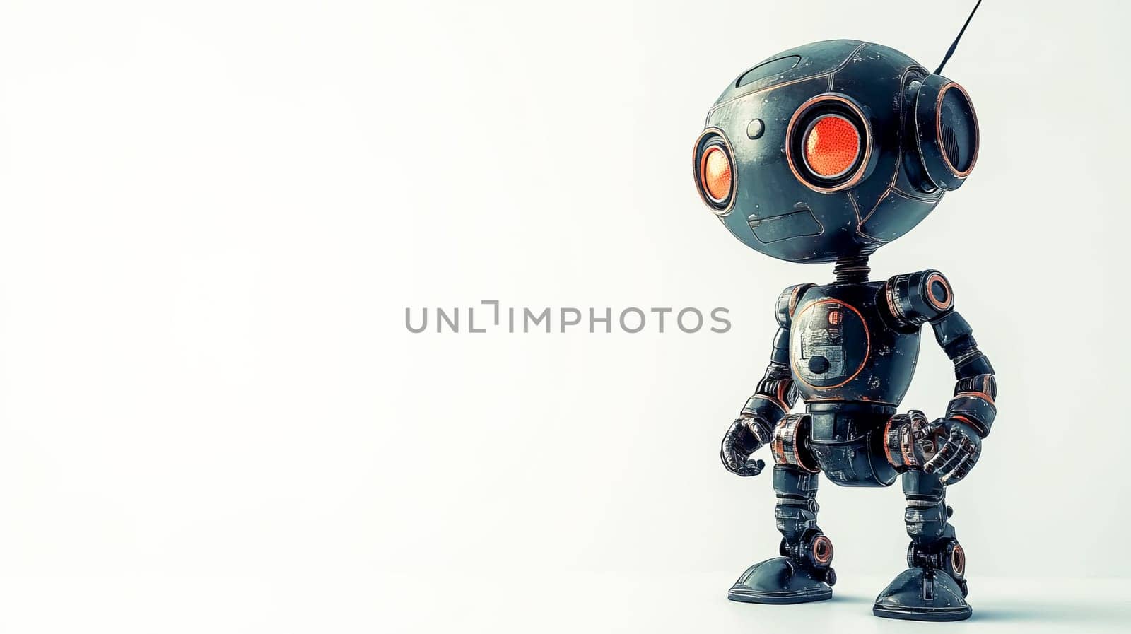 Vintage retro steampunk robot with rusty parts stands on a white background. Character of classic fantasy stories. Place for text. AI generated.