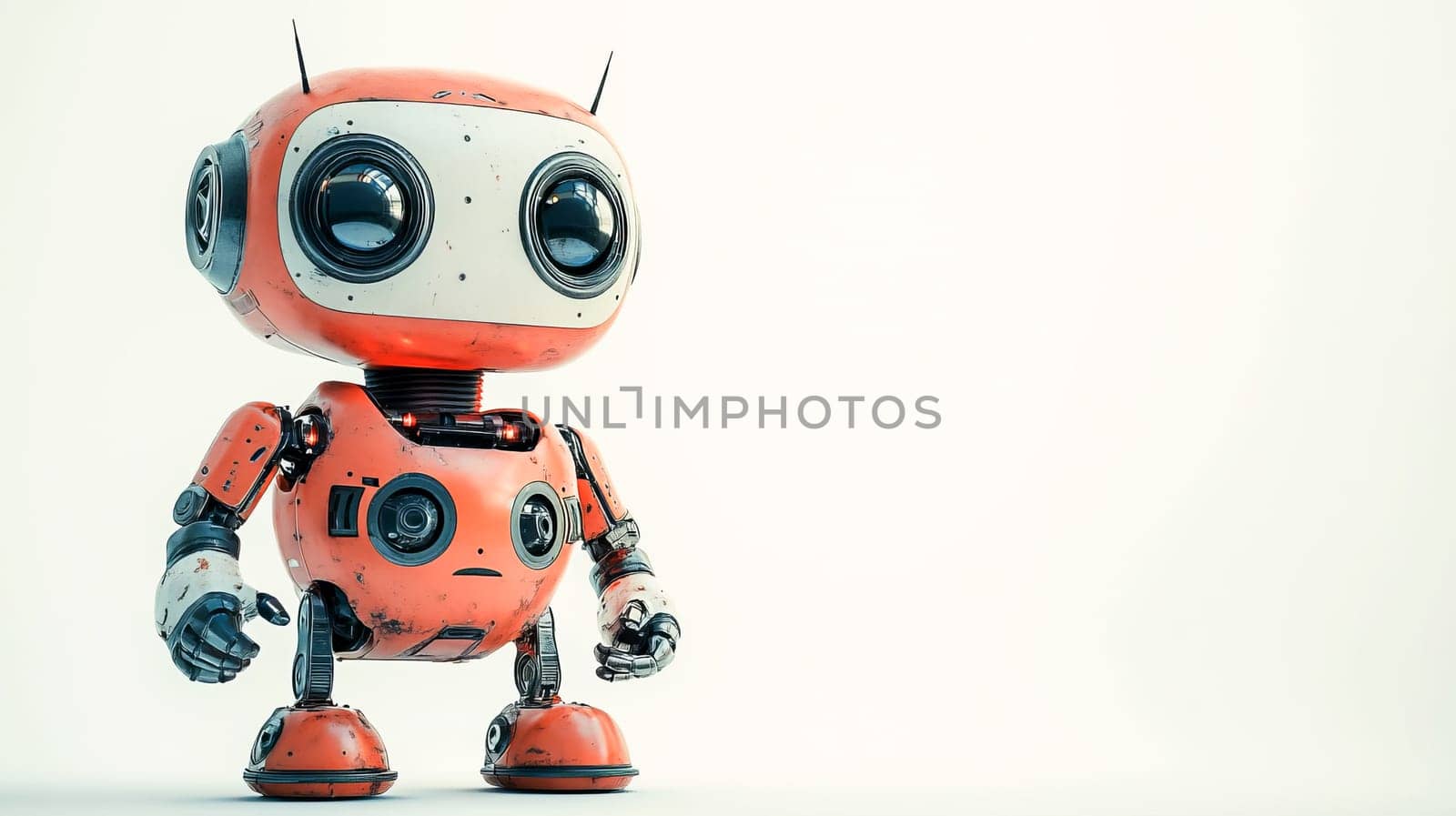 Vintage retro steampunk robot with rusty parts stands on a white background. Character of classic fantasy stories. Place for text. AI generated.