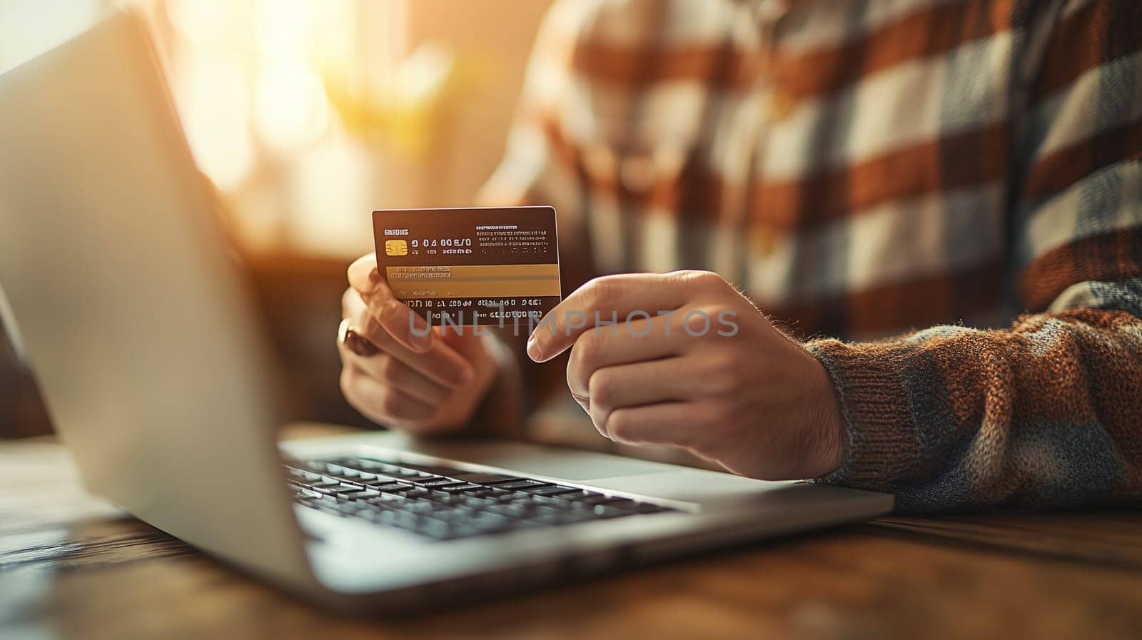 Hands holding credit card and using laptop for online shopping