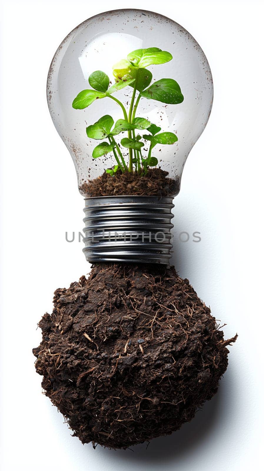 Light bulb with a green plant growing inside connected to the ground with roots, symbolizing green energy and environmental conservation.