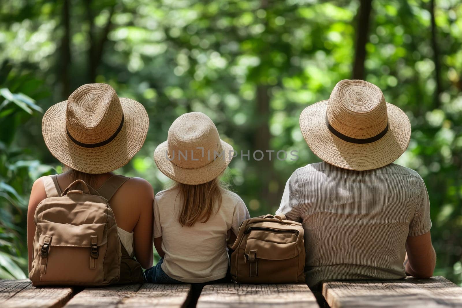 Family admiring the view of a tropical forest during a summer vacation day