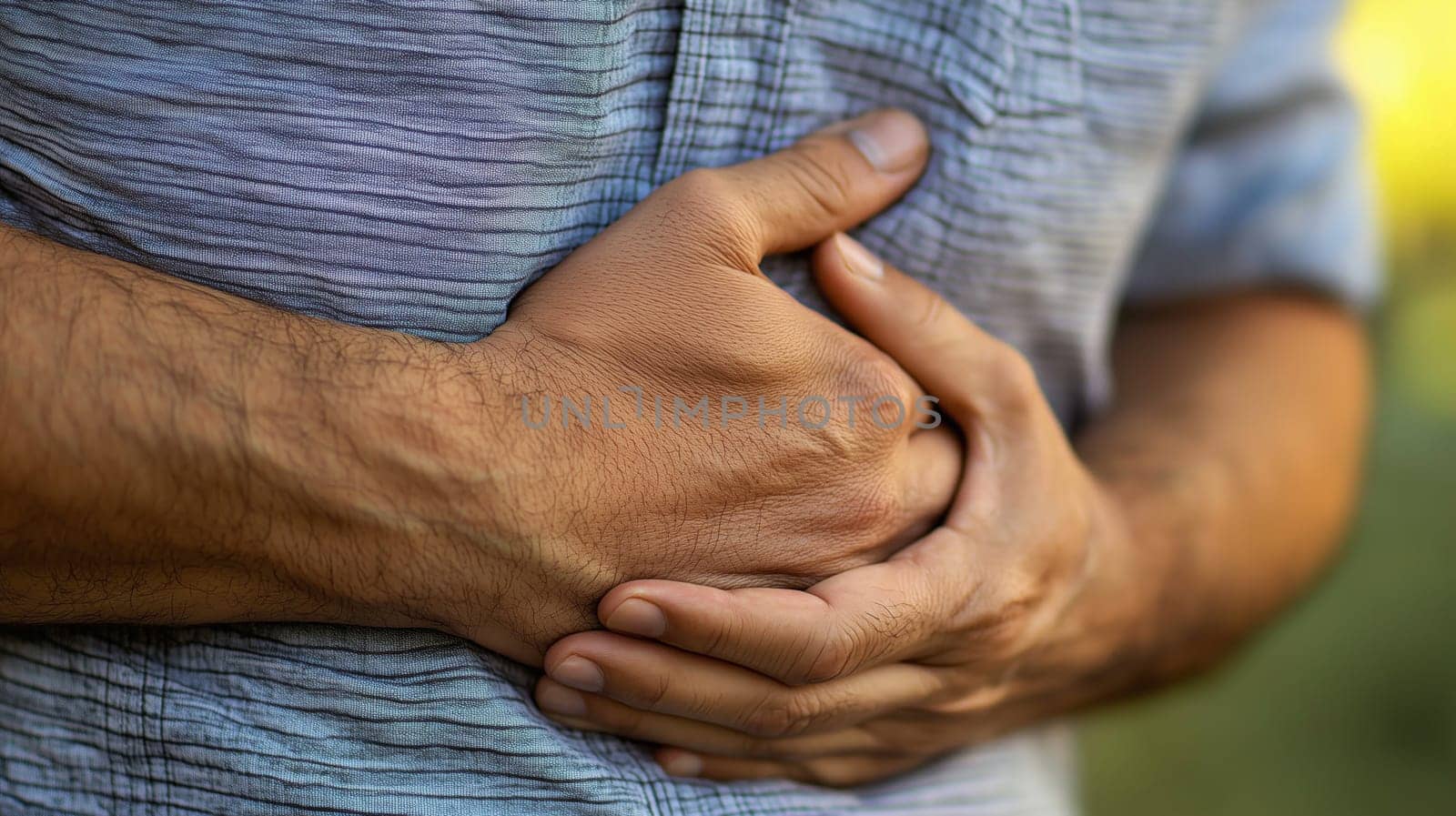 Close-up of a man experiencing stomach or abdominal pain, holding his belly with his hands.