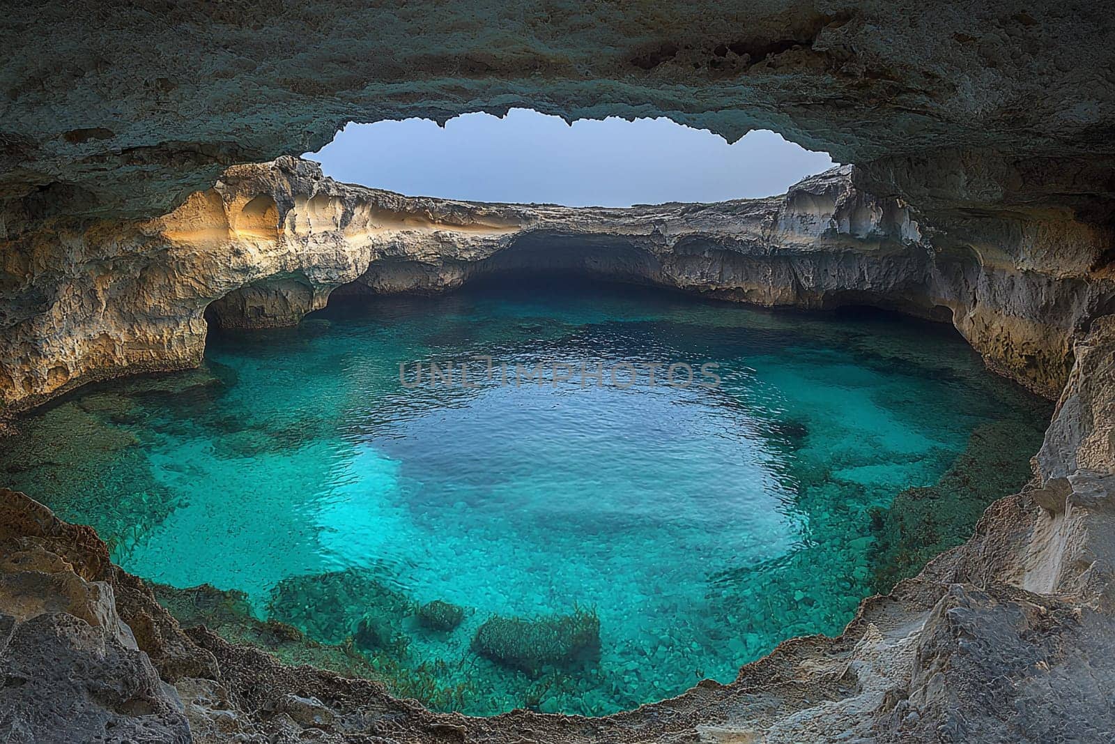 A breathtaking view inside a coastal cave showing clear blue waters and rocky formations.